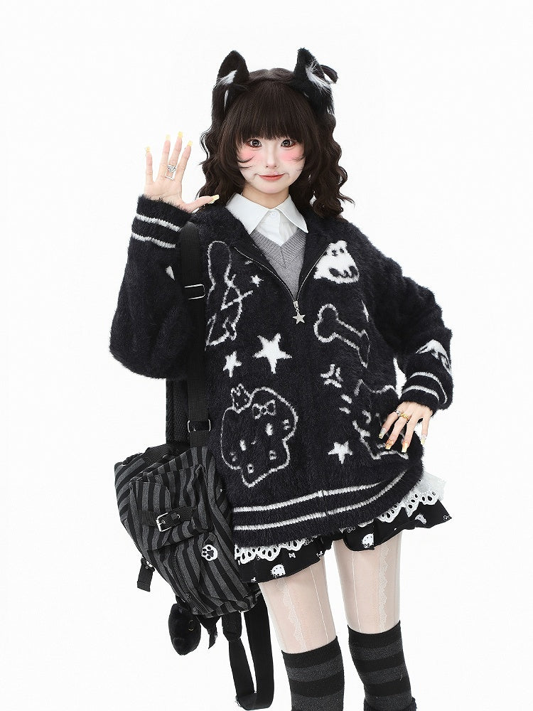 Patterns White/Black Hood Cat Animal Ear Plush Jacket with Adorable