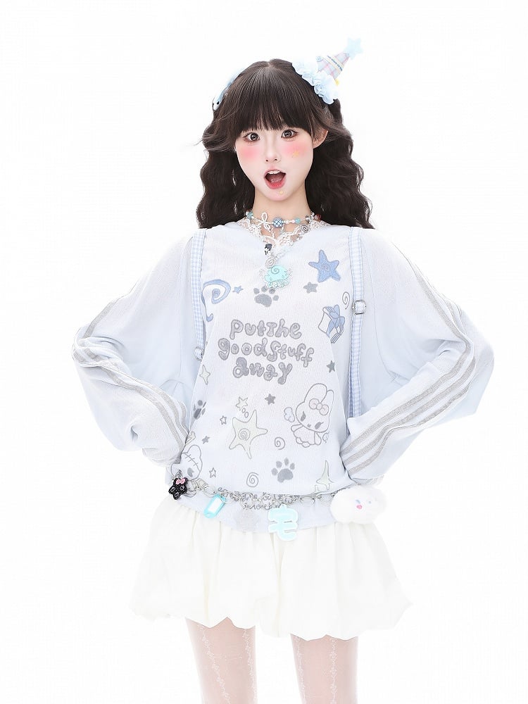 Lace and Sleeve Top Adorable Print Long Trim Letter White/Blue V-Neck with