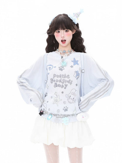 Lace and Sleeve Top Adorable Print Long Trim Letter White/Blue V-Neck with