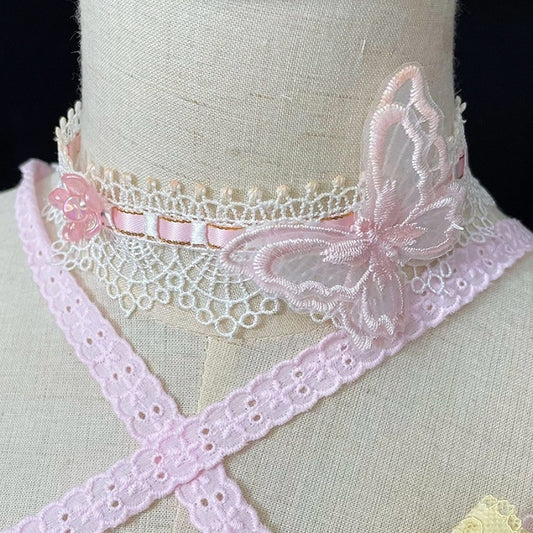 Schmetterling verziert rosaweiß Lolita Choker Trim Spitze süß