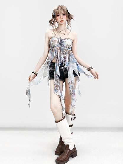 ブルーホリデーフリルプリントトップチューブアクセントデザインカスケーディング