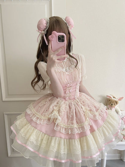 Lolita Sweet Button Chinoiserie Trim Ballet-Inspired Frog JSK Pink Dress Lace