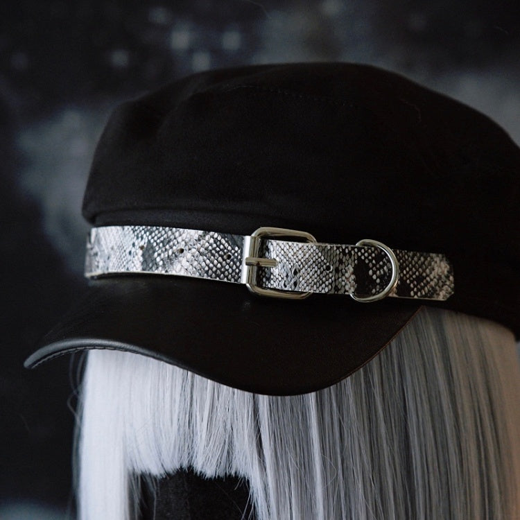Beret Hat Snakeskin Design Buckle Pattern Black Gothic