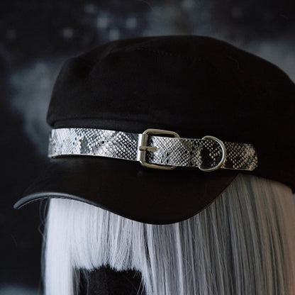 Buckle Gothic Pattern Design Black Snakeskin Beret Hat