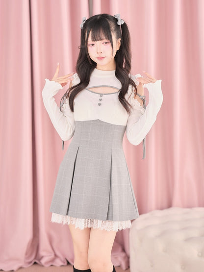 White Cut-Out Shoulder Knit Plaid Dress with Lace Trim - No Genki