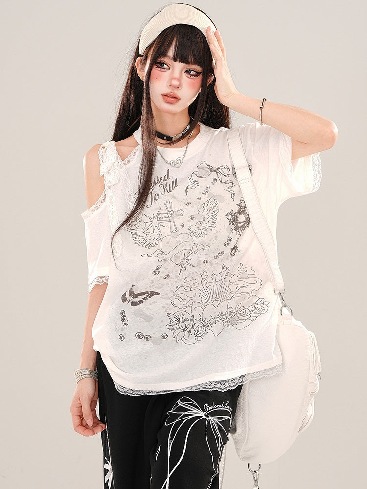 White Cutout Shoulder Lace Trim Loose Graphic T-shirt