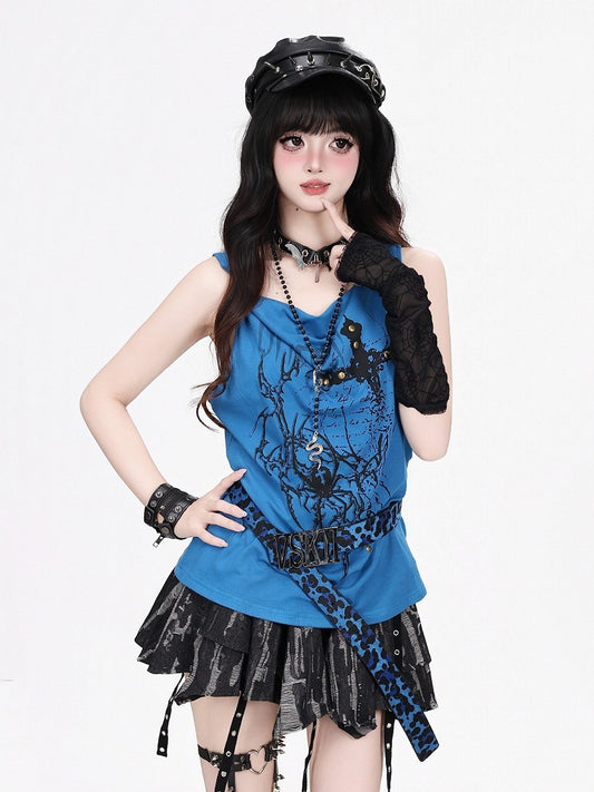 Y2K Klein Blue Tank with Spider & Thorn Print and Rivet Accents - CRAZY GIRL