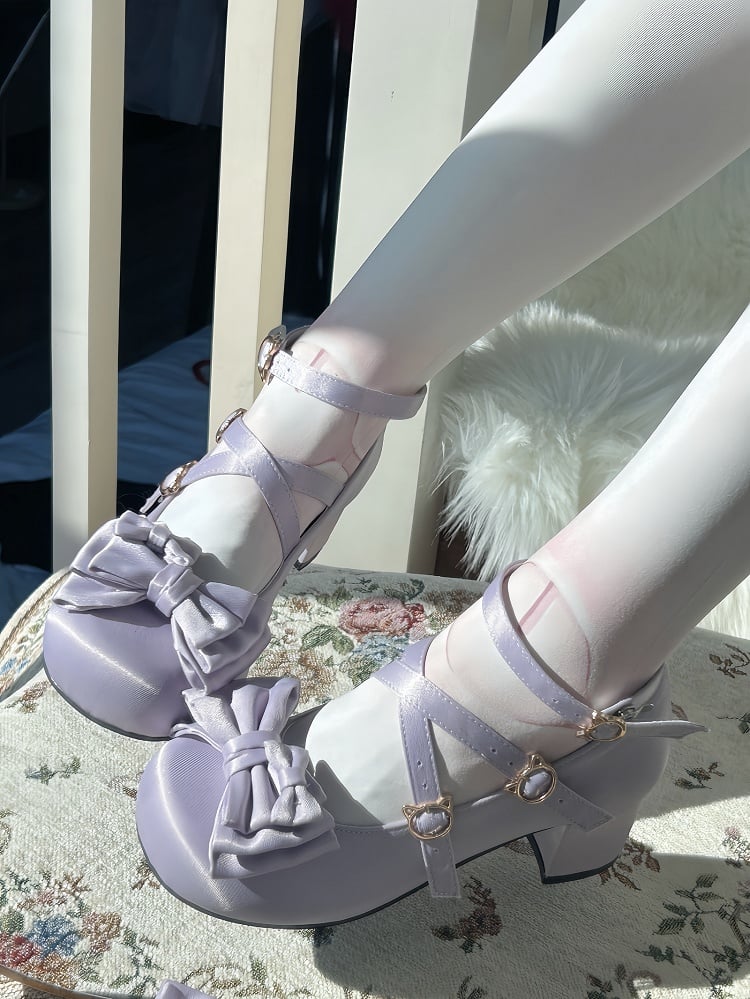 5cm Heeled Elegant Lolita Purple Mary Jane Shoes in Satin with Top Bow & Kitty Fastener
