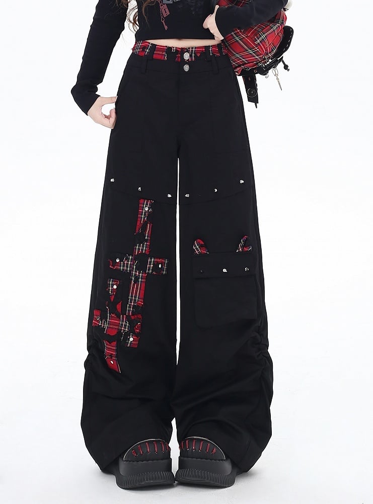 Black and Red Plaid Studs Wide-Leg Pants Detail
