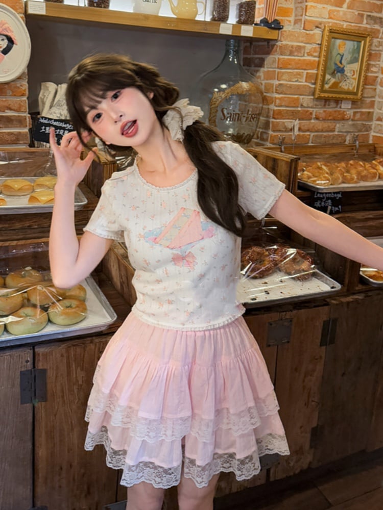 Sweet Pink Elastic Waist Lace Trim Tiered Skirt