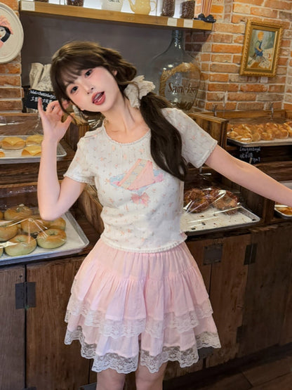 Sweet Pink Elastic Waist Lace Trim Tiered Skirt