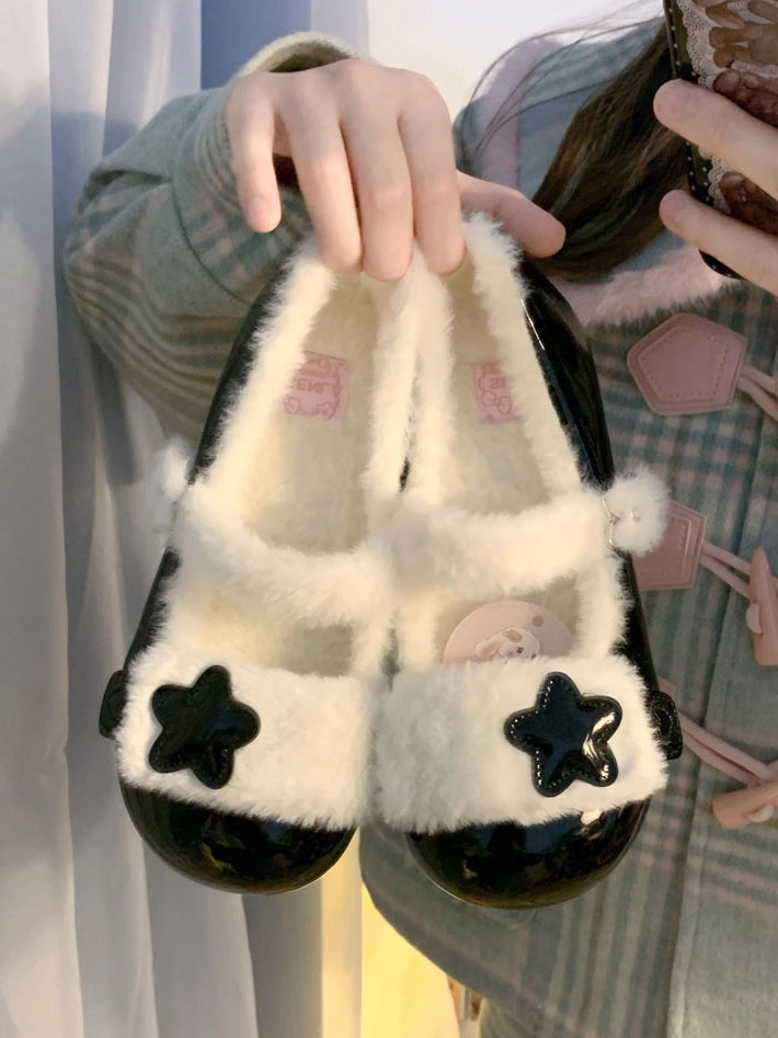 Fleece Decor Black Lining - Strap Star Sweet Plush Shoes Flat