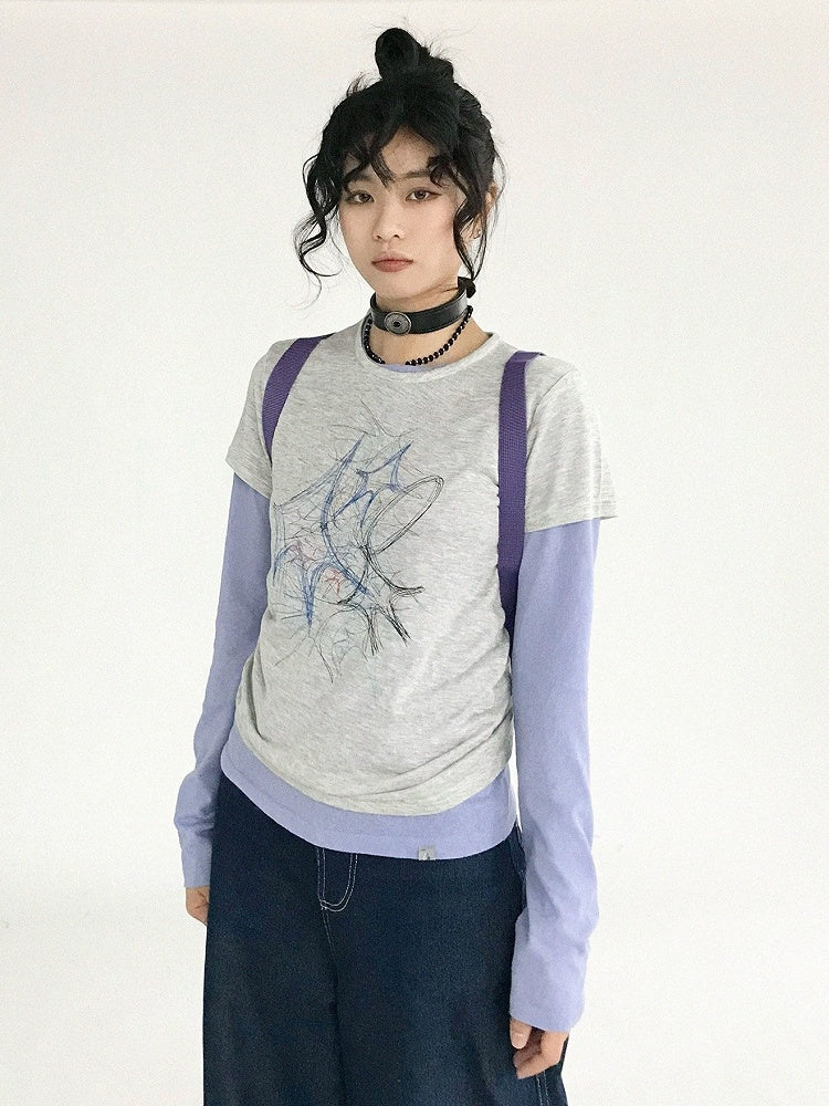 Pattern Version Graffiti Sleeve Gray Neck Round Tee Short in