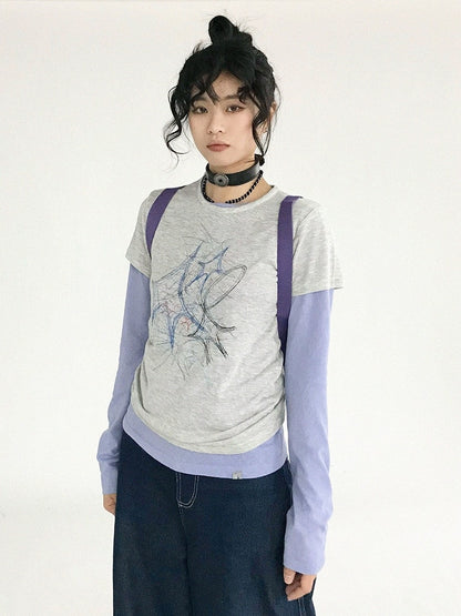 Pattern Version Graffiti Sleeve Gray Neck Round Tee Short in