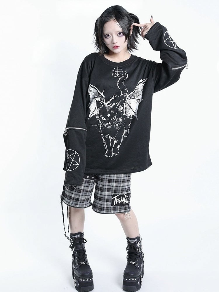 Dark Kawaii Black & White Hell Cat Graphic Embroidered Zip Sweatshirt - Tribuo Flos