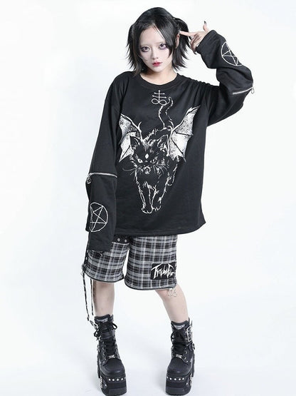 Dark Kawaii Black & White Hell Cat Graphic Embroidered Zip Sweatshirt - Tribuo Flos