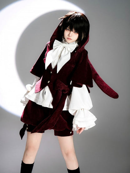 ロリータフード付きレッド王子ウサギ耳付きオーバーサイズベルベットワインジャケット