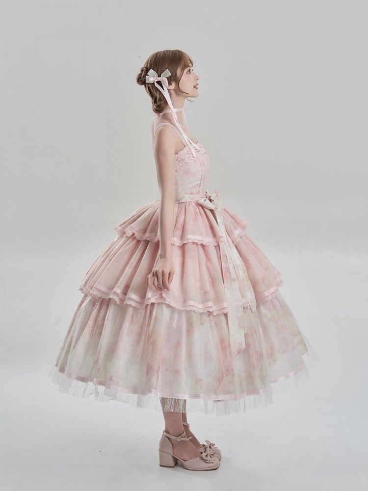 Print Dress JSK and Hem Painting Lolita Detail Oil Embroidery Tiered with Pink