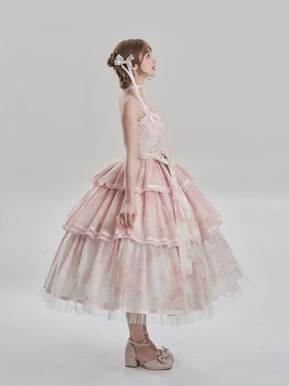 Print Dress JSK and Hem Painting Lolita Detail Oil Embroidery Tiered with Pink