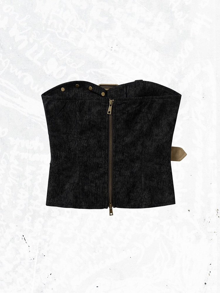 Punk Rococo Yellow Three-Strap Cross Metal Buckles with Black Embroidery Bustier