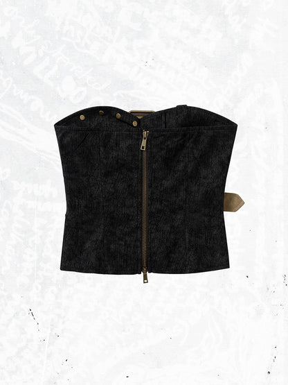 Punk Rococo Yellow Three-Strap Cross Metal Buckles with Black Embroidery Bustier