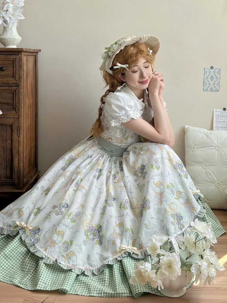 Ice Light Print und Kleid Lolita Blueberry Saum Gingham Grün Creme