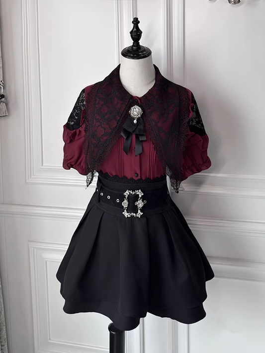 ジライカラーフラットレッドディテールブラウス+ティアードスカートセットポインテッドケイプリーツ