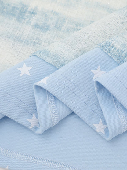 Blue Off Shoulder Long Sleeve Top with Starfish Print & Rhinestone Details - Languid Park