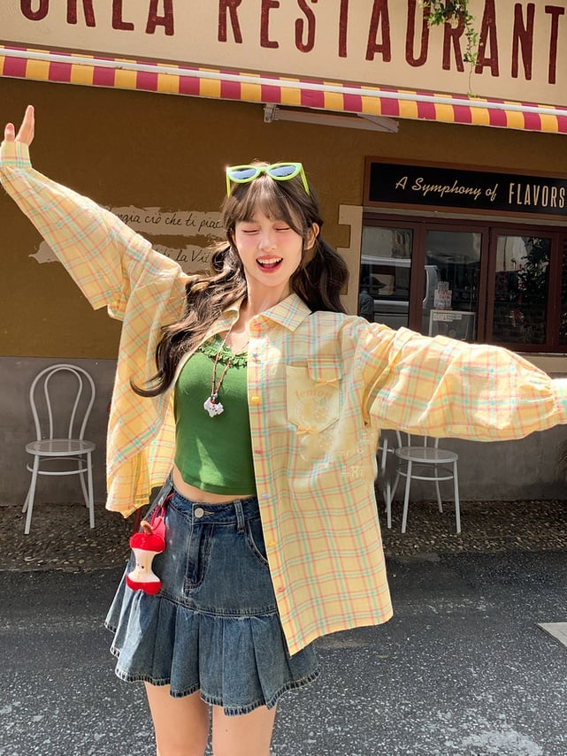 夏用ゆったりチェックシャツ（袖取り外し可能）イエロー/グリーン/レッド