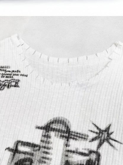 Weißes Y2K-Top mit Ärmeln, asymmetrischer langer Print-Ausschnitt +