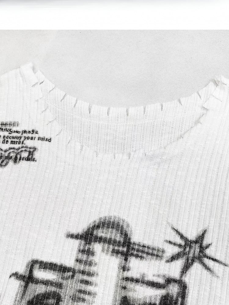 Ausschnitt + Y2K asymmetrisches weißes Langarm-Design-Print-Top