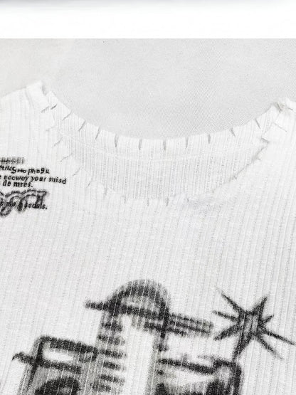 Ausschnitt + Y2K asymmetrisches weißes Langarm-Design-Print-Top