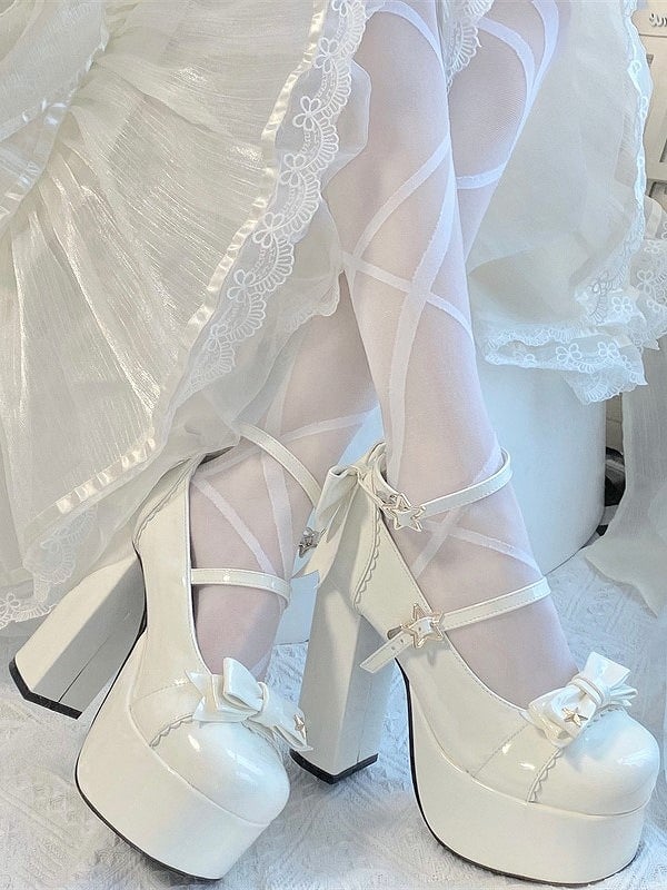 High-heeled Elegant Accents Snap Shoes 12cm Bow Star Lolita White with