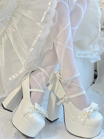 High-heeled Elegant Accents Snap Shoes 12cm Bow Star Lolita White with