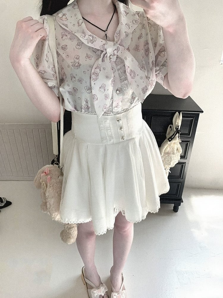 Bunny Ear Bow Collar Blouse, Short Sleeve, Pink & White Print - Kitty Bxllet