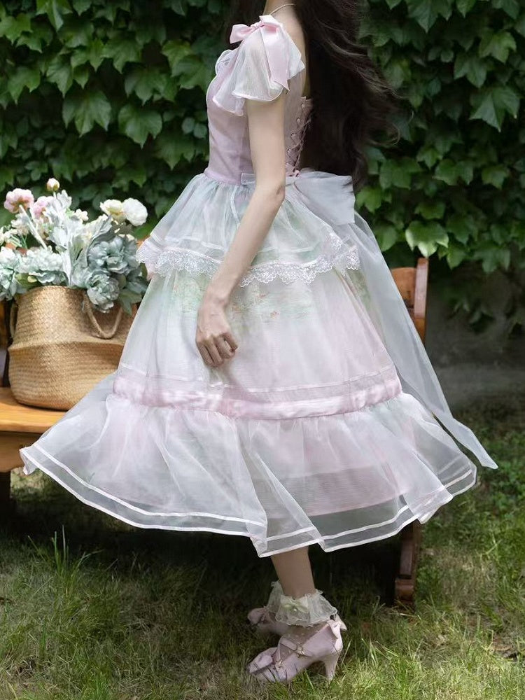 Oil Sleeves One Painting Water Lily Print Light Piece Pink Square Neckline and Flutter