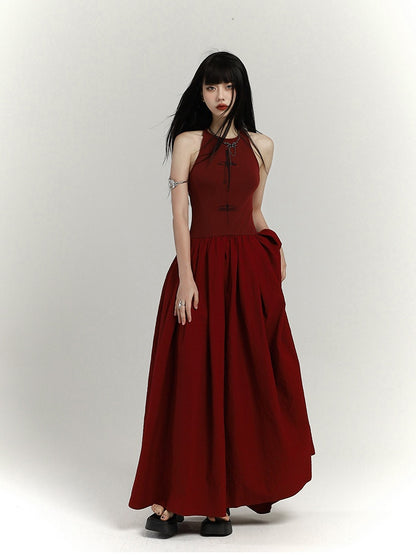 Gothic Wine Red High Waist Cross Print Backless Version Sleeveless Dress