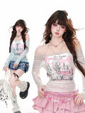 Blue and White Semi-sheer Off-the-shoulder Neckline Bowknots Print Mesh Glamorous Top