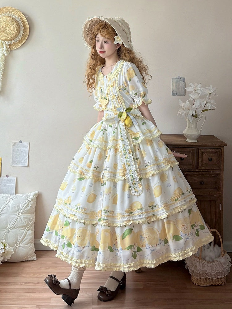 Short Front Lemon Sleeves Button Tiered Lolita Print Placket Skirt Dress White Chick and
