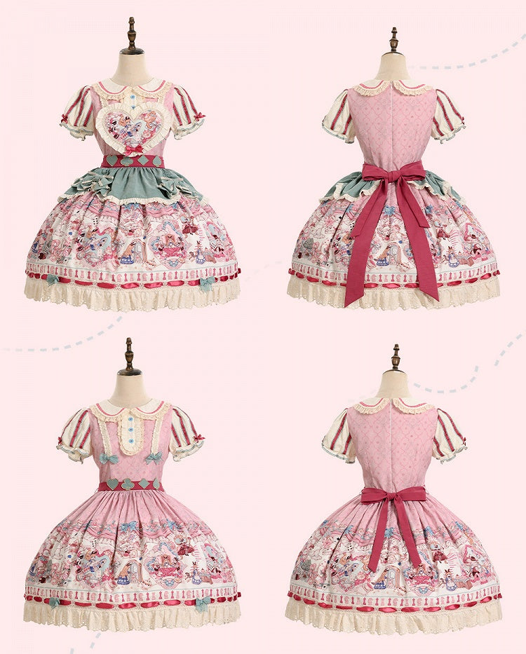 Pink & Green Alice Cat Vibes Heart-shaped Patch Sweet Lolita Dress with Apron Belt - Mewroco