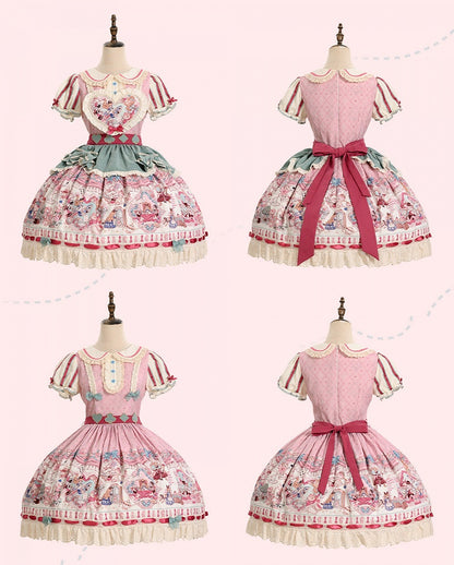 Pink & Green Alice Cat Vibes Heart-shaped Patch Sweet Lolita Dress with Apron Belt - Mewroco