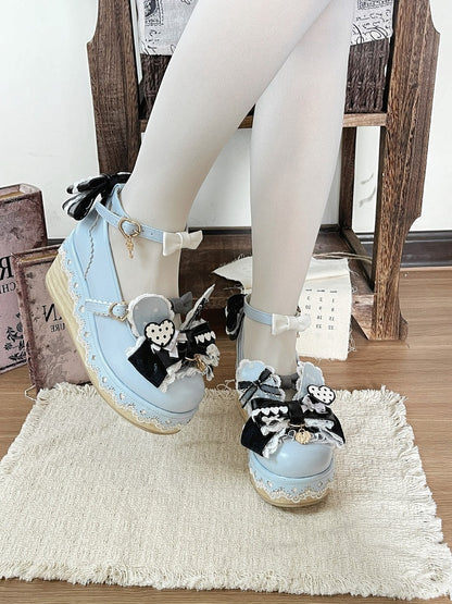 Kawaii Lolita Black & Blue Round Toe Platform Shoes with Rabbit Ear Detail - Cheese Mango