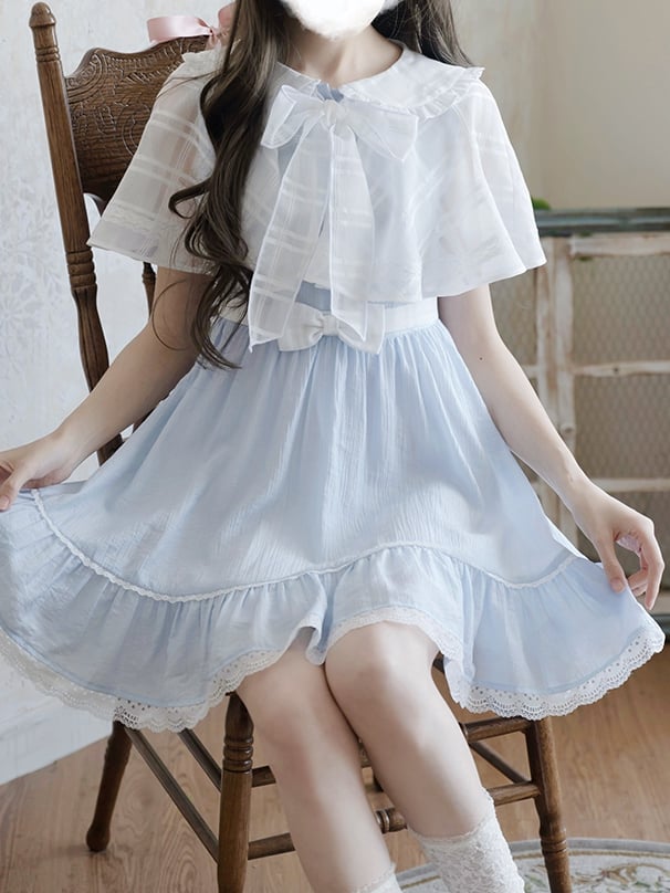 Jirai Kei Light Blue Peter Pan Collar Cape Design Faux Two-pieces Dress