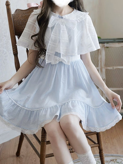 Jirai Kei Light Blue Peter Pan Collar Cape Design Faux Two-pieces Dress