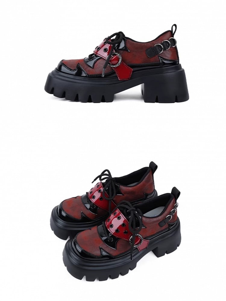 Sole Black Platform Chunky with Buckle Design Shoes Details Lace-up Red Vamp - Studs Punk