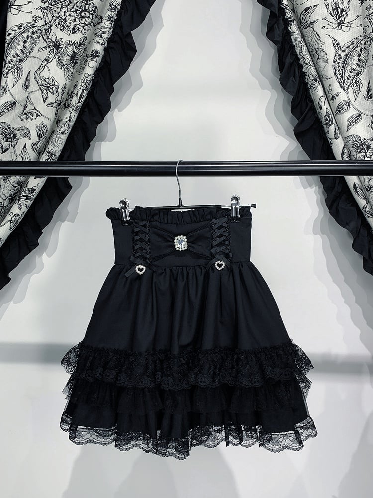 Bow Colors 3 Trim Kei Rhinestone with Decor Jirai Lace Skirt