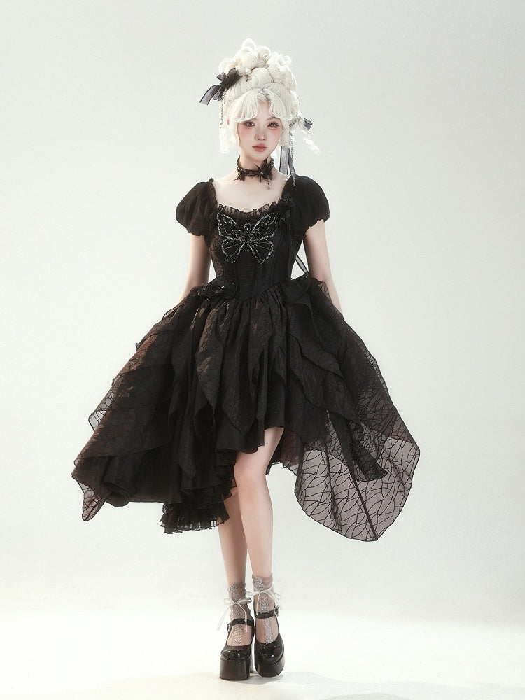 Butterfly Motif Puff Sleeve Lolita Top and Asymmetrical Hem Skirt Set in Black - Sweet Wood Lolita