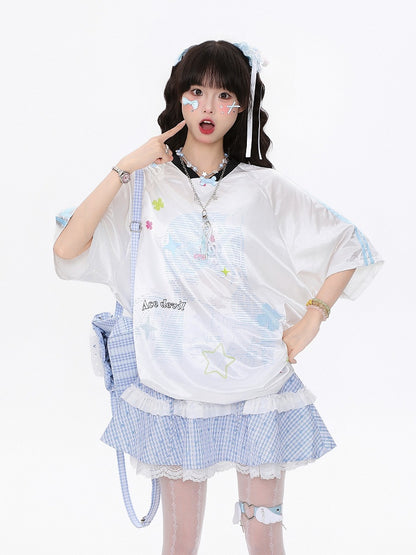 Blue/Pink Oversized Satin Short Sleeve T-Shirt with Clover