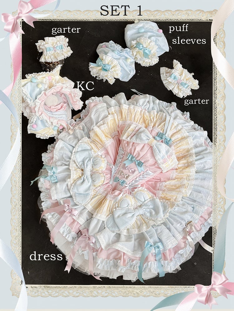 Pink and Blue Sweet Princess Puffy Tiered Ruffle Skirt Boning Dress