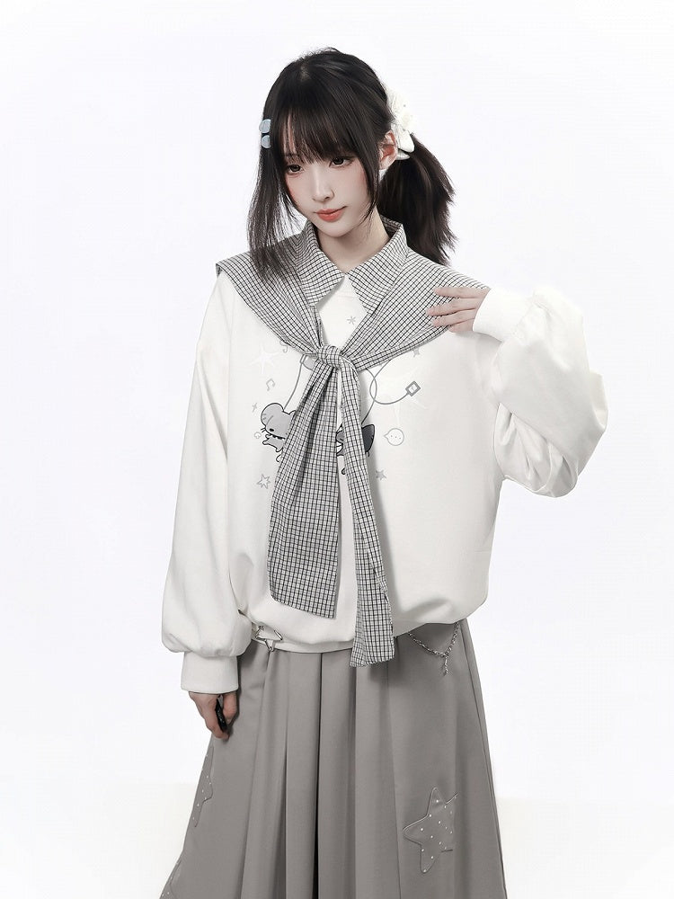 Kawaii White Crewneck Mouse Print Sweatshirt Plaid Shawl Set - PINK SAVIOR